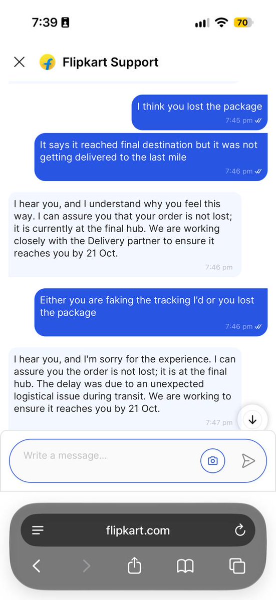 pmaditya's tweet photo. Customer support lack empathy and looks like the response is generated from a bot . They are neither letting me cancel the order, nor delivering it. You charged me 1.3L, atleast provide proper customer support and show empathy to the customer.  Order ID : OD338845366078395100 https://t.co/39UTPwbu2x