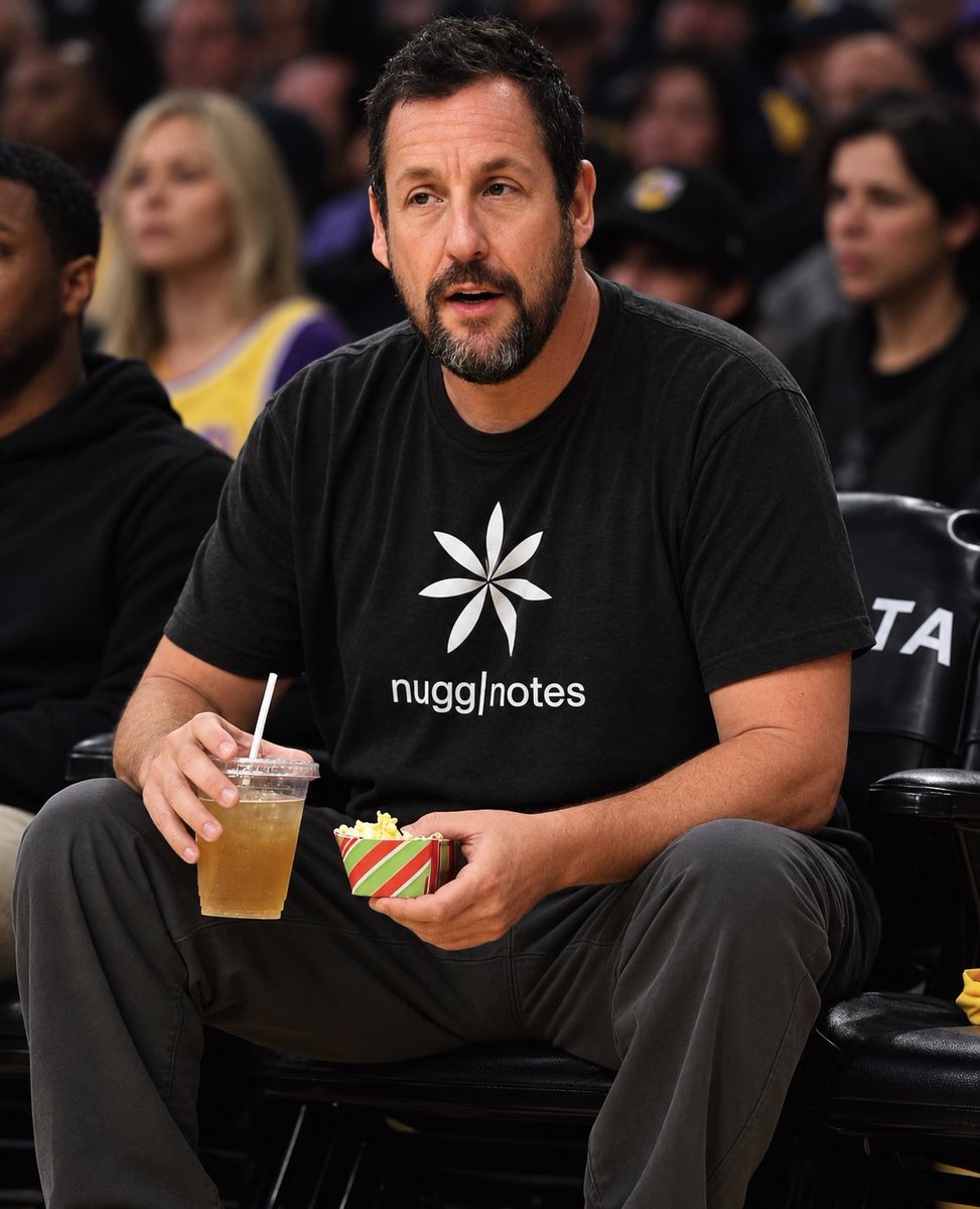 nuggnotes's tweet photo. Spotted: Adam Sandler courtside in a @nuggnotes tee at the @Lakers game for nba tip-off. 

We see you 👀 https://t.co/49M1DGrMqt