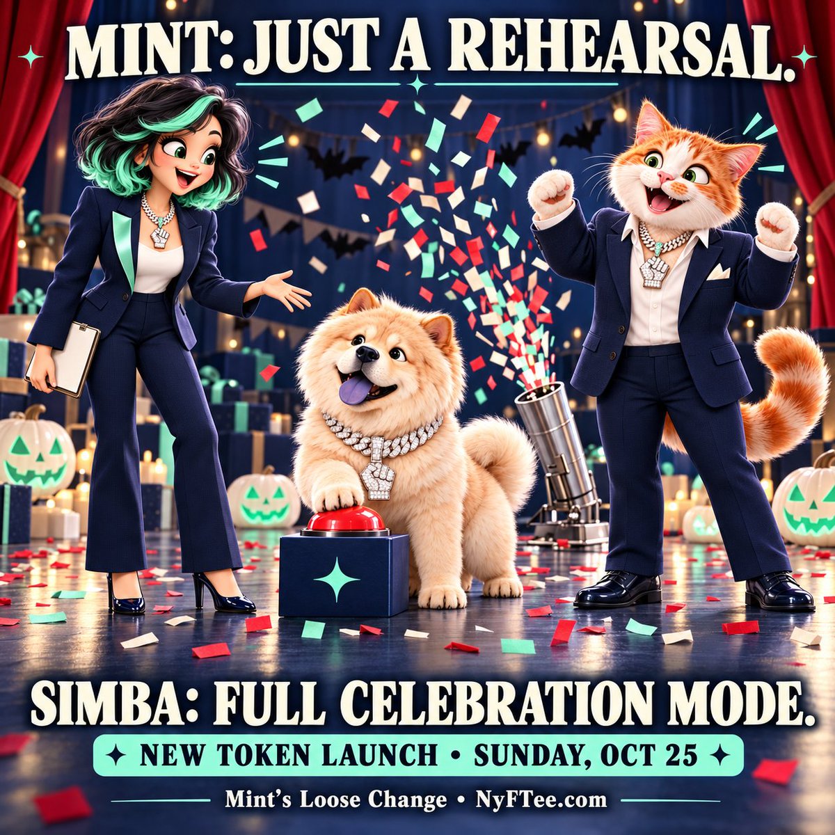 NyFTeeOriginal's tweet photo. Mint: “Just a rehearsal.”
🐱: “Then why is there confetti?”
Simba: no regrets. 🐾
Getting ready for our new token launch THIS SUNDAY, October 25.
The secret stays sealed. The hype doesn’t.
Changers, are you ready? 👀
Links in Bio.
#MintsLooseChange https://t.co/F6FdF8648b