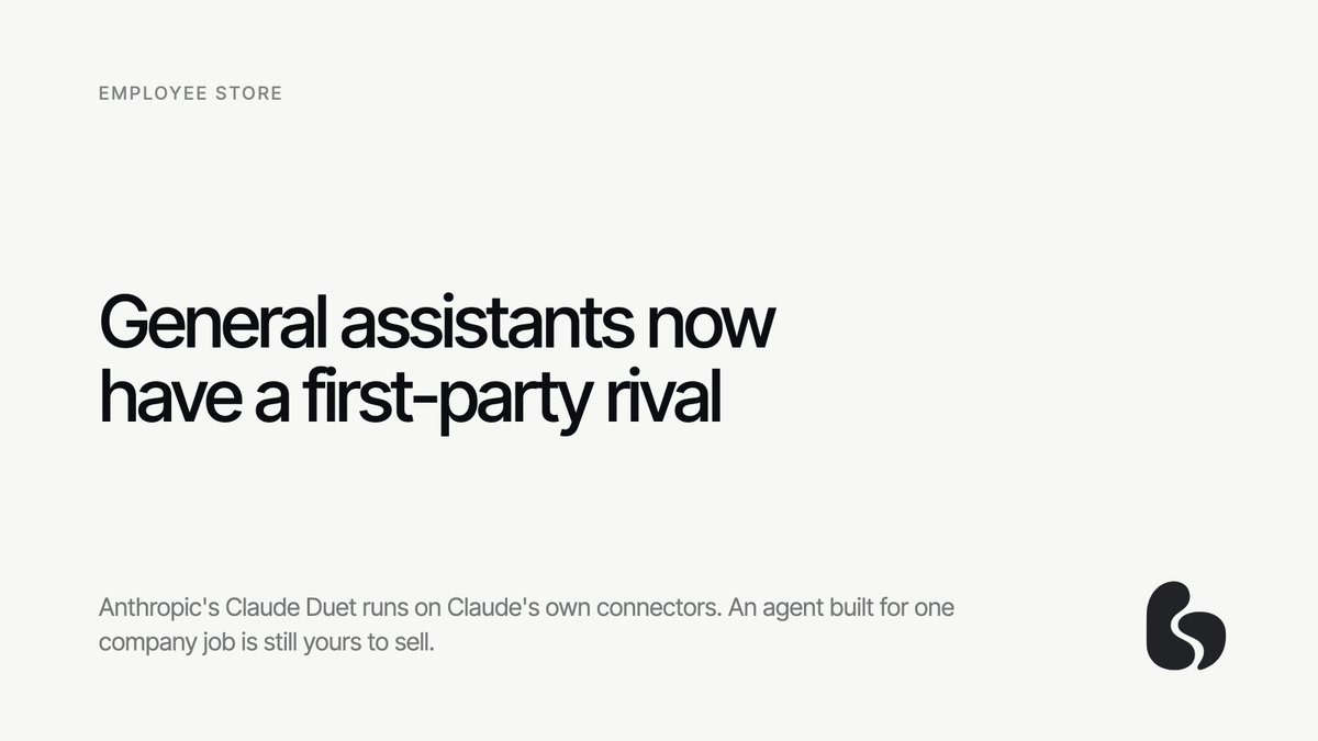 EmployeeStoreEN's tweet photo. per Gizmodo, Anthropic is previewing Claude Duet, its own agent app on Claude's connectors.

a general assistant got harder to sell.
an agent that does one job for a company is yours to sell.

We run a Japanese marketplace for this. Reply "jp" if you want a look before the page. https://t.co/w1XRT9dktB