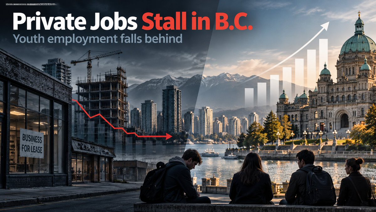 icbabc's tweet photo. Under the B.C. NDP:

📈 Government jobs: UP 45%
📉 Private-sector jobs: UP just 3%
🚨 Youth employment: DOWN 30,000 since 2019

Government payrolls are booming. The private sector is flatlining. 

Young British Columbians are paying the price.

How is that economic success?

Jock Finlayson and Ken Peacock break it down at
🔗 https://t.co/YP0lpMY3bS