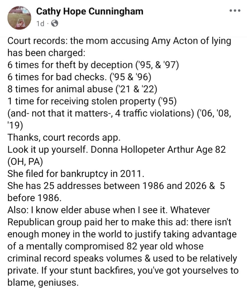 plunderbund's tweet photo. spotted by @OhioCrawler over on Facebook, somebody pulled Donna Arthur's criminal records

this is Vivek's closing messenger https://t.co/z5Ik1w89e9