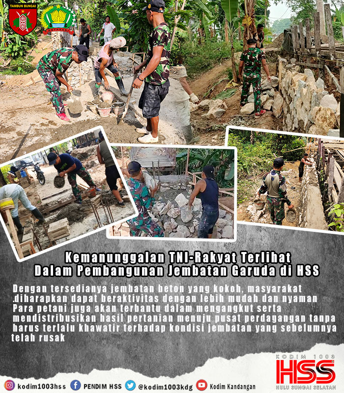 kodim1003kdg's tweet photo. Kemanunggalan TNI-Rakyat Terlihat Dalam Pembangunan Jembatan Garuda di HSS

@pendim1003

#dispenad #puspentni #korem101ant #penrem101ant #pendamXXIItb #kodamXXIItb #TNIAD https://t.co/f4lIygzKcw