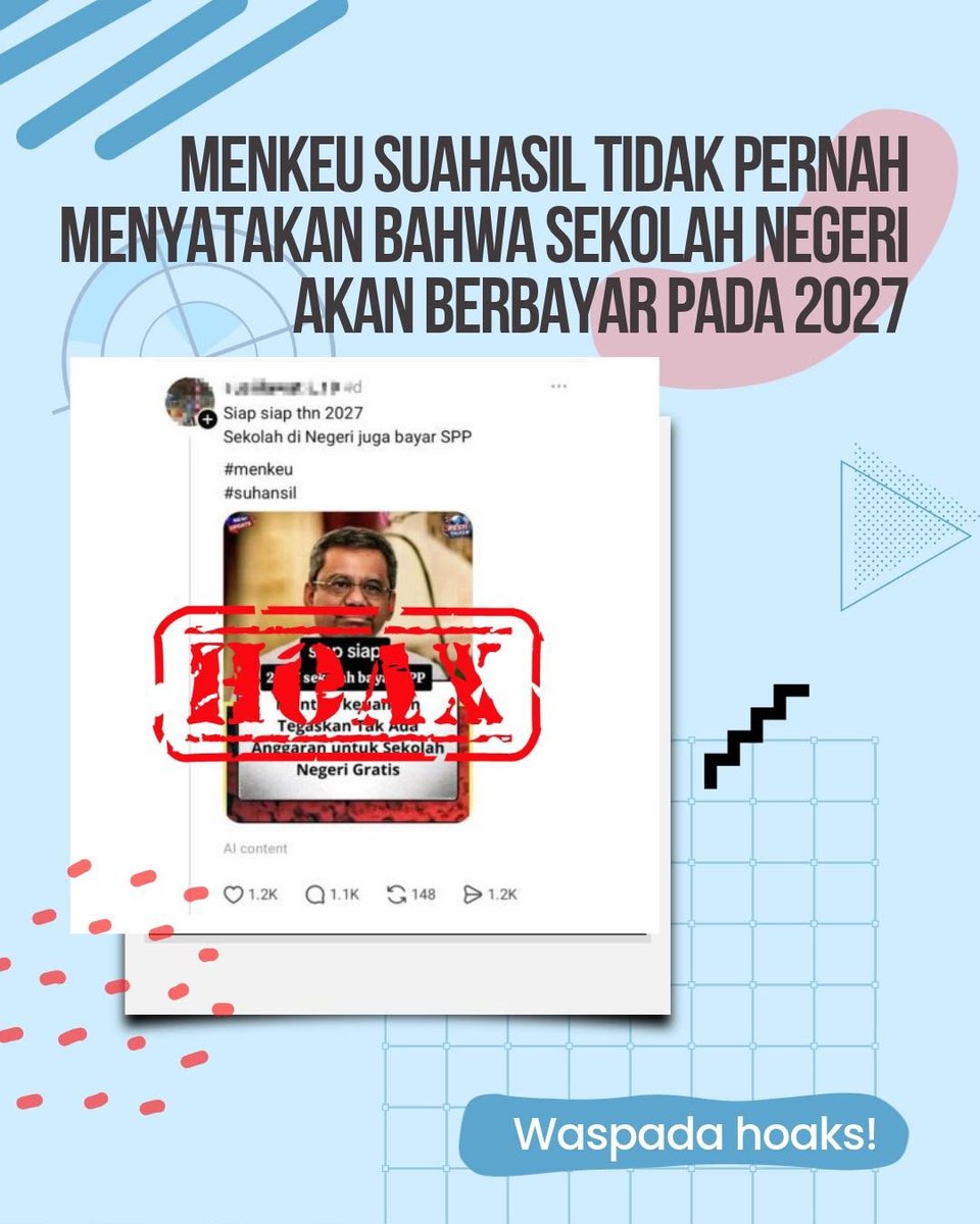 TamiaGreen13's tweet photo. menkeu suahasil gapernah nyatakan sekolah negeri berbayar #viral #hoaks https://t.co/S1y0GeoIso