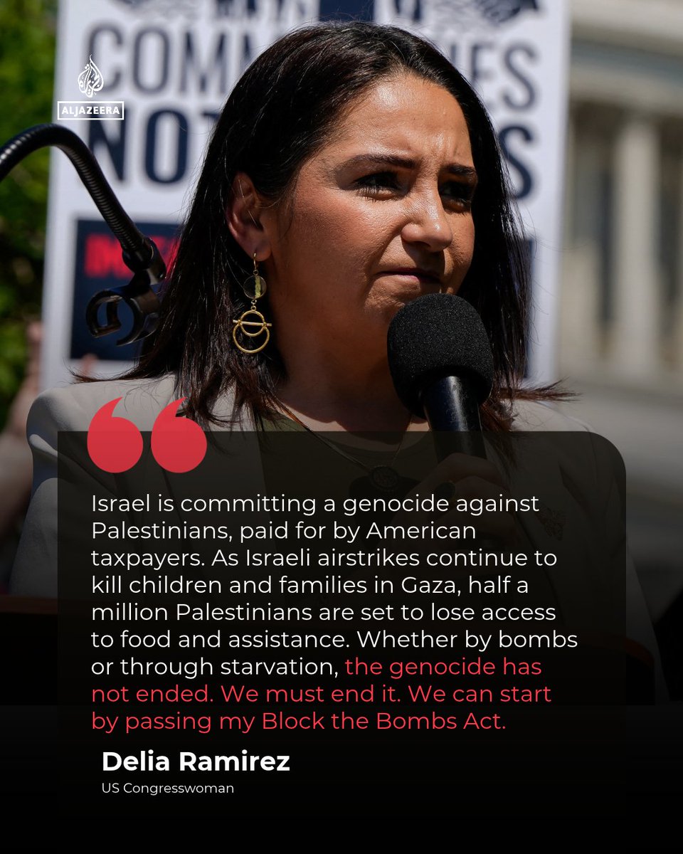 AJEnglish's tweet photo. US Rep. Delia Ramirez is calling for Congress to pass her Block the Bombs Act to stop Israel's genocide in Gaza. 

The bill would halt US weapon transfers to Israel until key humanitarian conditions are met.

🔴 LIVE updates: https://t.co/whxrC4CJex https://t.co/T0Ks5wGnjn