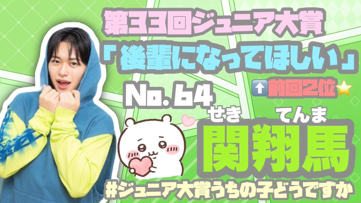 __tententenma's tweet photo. 💚第33回 ジュニア大賞💚

【後輩になってほしい】

No.6️⃣4️⃣ 関翔馬くんを推薦します🗳
愛され後輩力満点💮💯のにこにこてんまくんに清き一票をお願いします🙏🏻😭💕

#ジュニア大賞うちの子どうですか #関翔馬 https://t.co/Z4gTSP7j8f