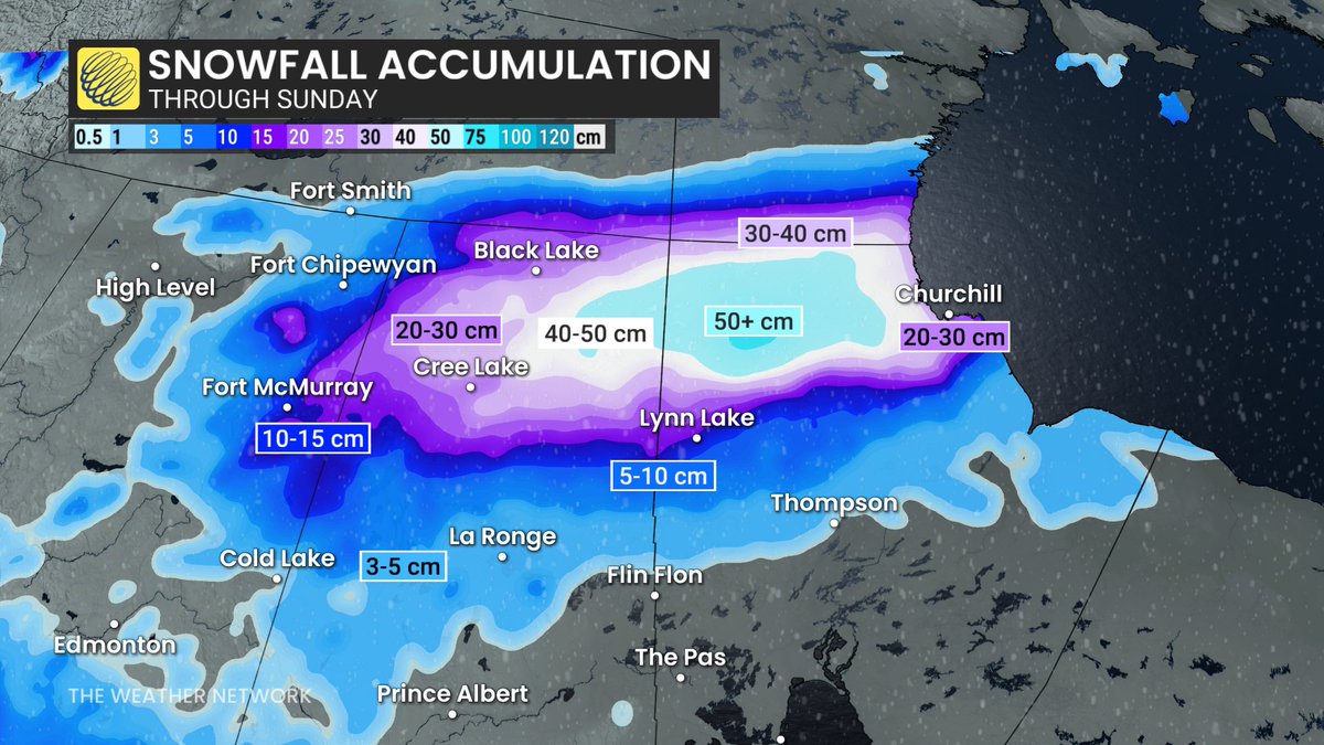 HowesNathan's tweet photo. Yikes. Winter will be giving parts of the Prairies a sneak preview, with as much as 50 cm of snowfall possible in northern sections. Folks should prepare for significant travel disruptions. #Halloween 🎃decorations may need to be dug out from the snow. https://t.co/uxDYToAFHl https://t.co/m482CkAaH5