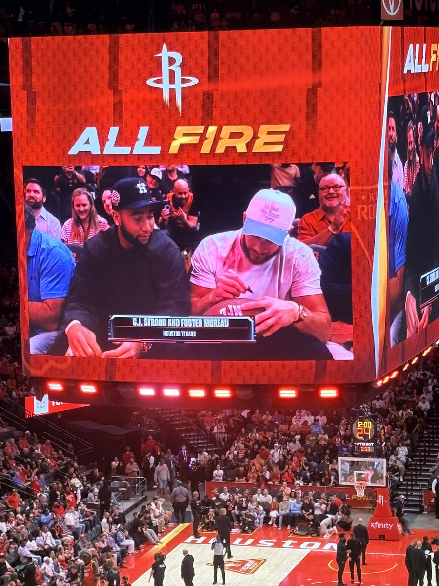 JacobBarzilla's tweet photo. C.J. Stroud &amp; Foster Moreau get a loud ovation from the Houston crowd here at Toyota Center. https://t.co/Qr0TFp5bTj