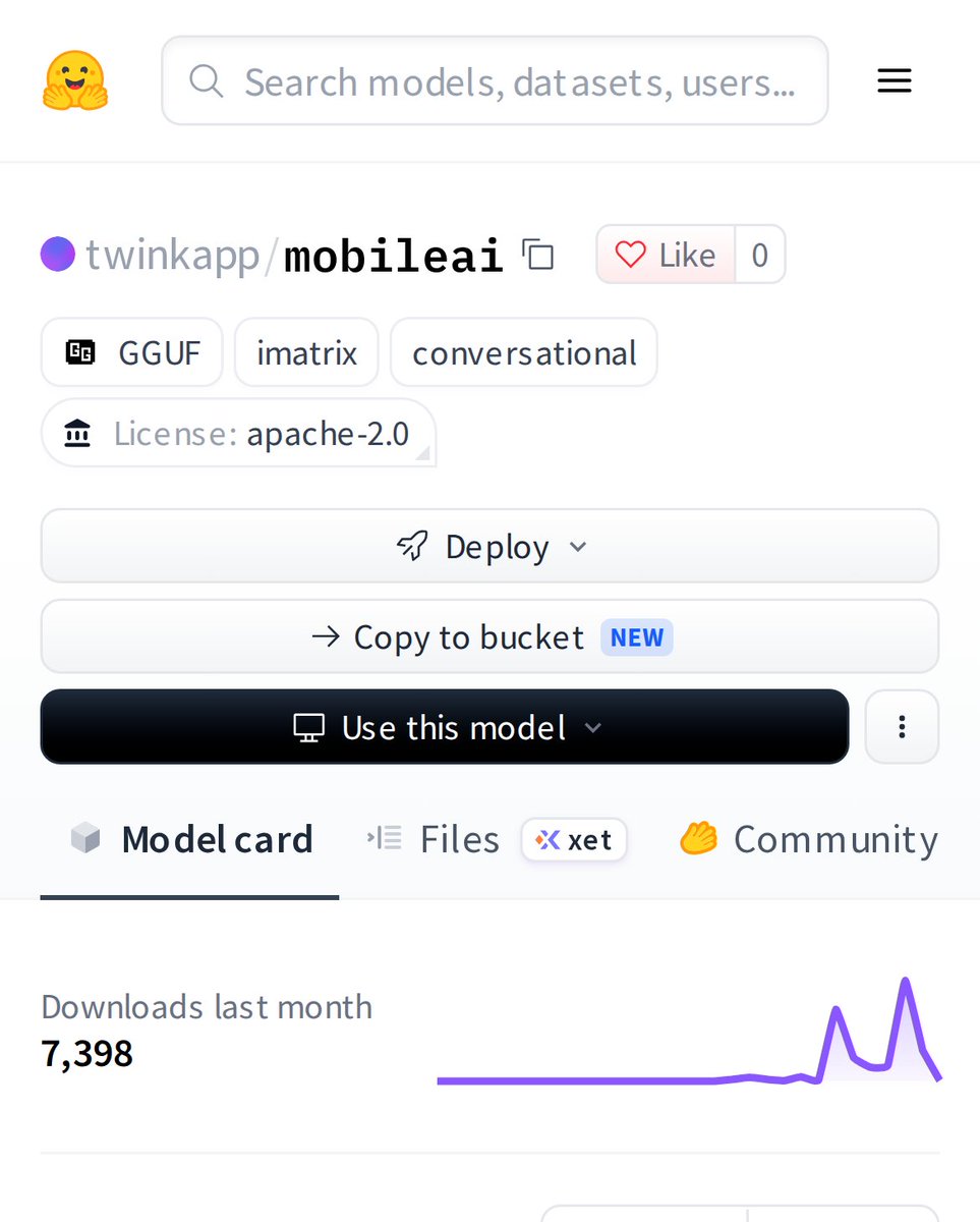 HuggingModels's tweet photo. Meet twinkapp/mobileai: a GGUF model built for mobile AI. With 7,398 downloads and Apache 2.0 license, it's ready for your next conversational app. Lightweight and endpoints compatible, it brings AI to your pocket. https://t.co/XCg7gNm92n