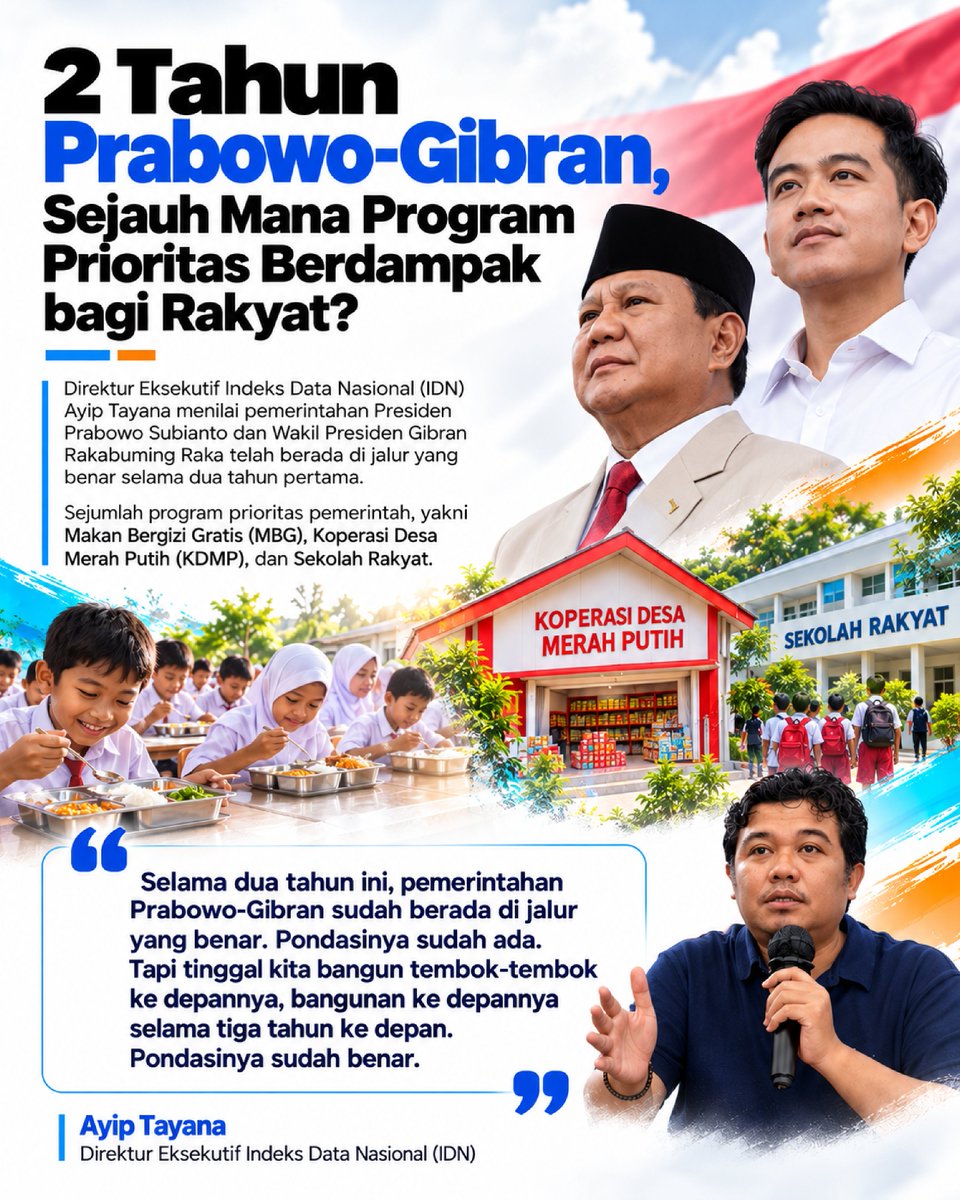 abigaillarissae's tweet photo. Direktur Eksekutif IDN, menilai pemerintahan Prabowo-Gibran berada di jalur yang benar dalam dua tahun pertama. Program seperti MBG, KDMP, dan Sekolah Rakyat jadi bagian dari upaya tingkatkan kesejahteraan masyarakat.
#PrabowoGibran #Program #MBG #KDMP #jagaindonesia https://t.co/3LbDCzlpFk
