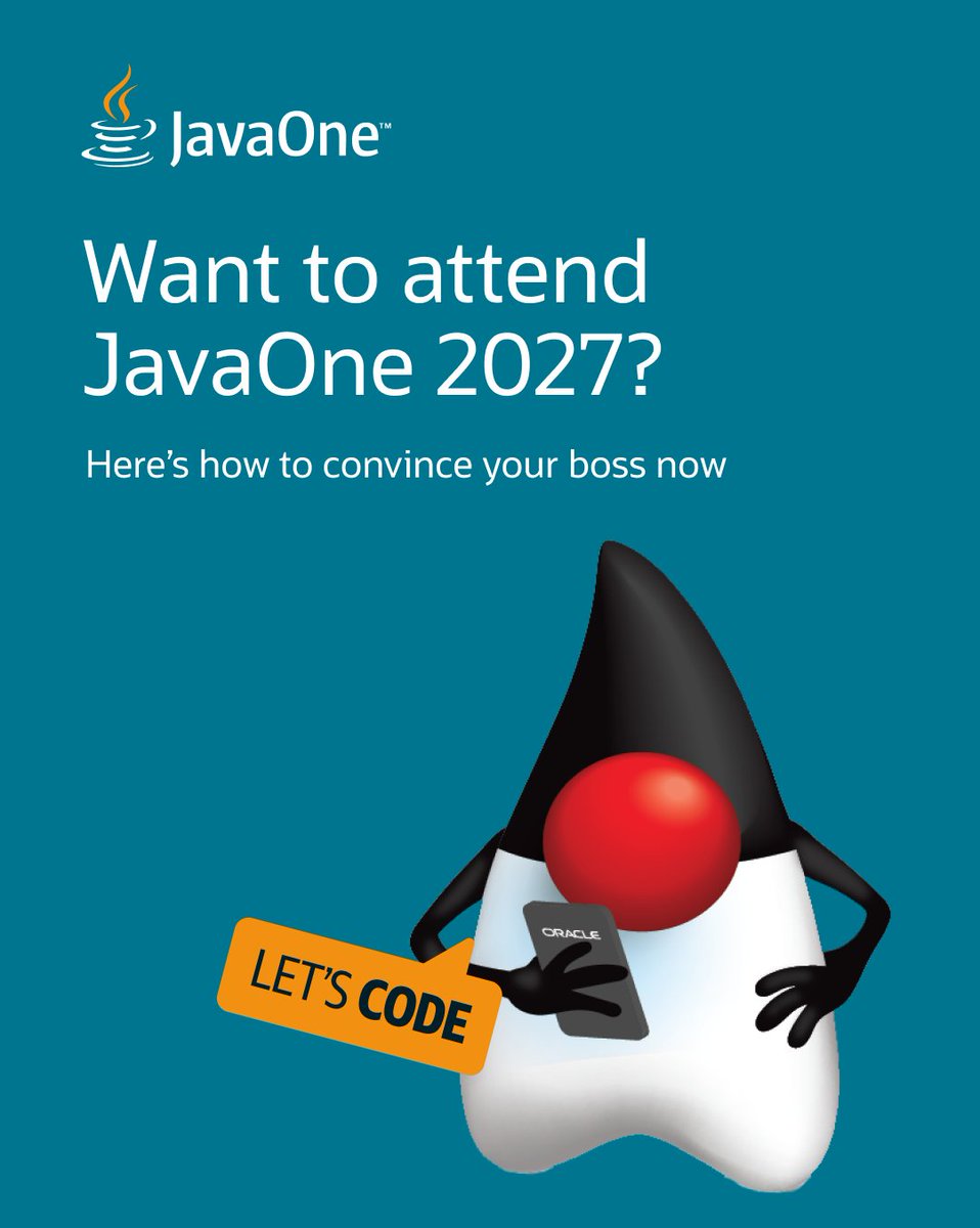 java's tweet photo. Mark your calendars—tickets for JavaOne 2027 go on sale on November 3!  🗓️

Need help justifying to your manager why you should attend #JavaOne? Customize this email with your project priorities, estimated costs, and how you'll share what you'll learn. Send your request in now to allow time for budget and travel approval: https://t.co/hwKsY8uBgi