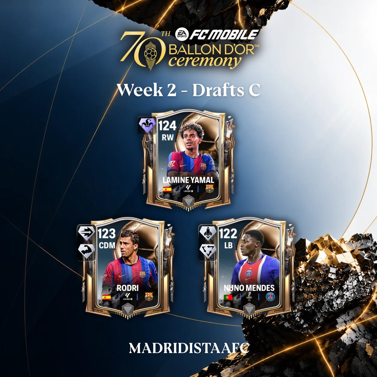 MetaGamerNo1's tweet photo. 🏆 Ballon d’Or Week 2 — Drafts C &amp; D are officially revealed! 🔥

Draft C
🏴󠁧󠁢󠁥󠁮󠁧󠁿 124 OVR Harry Kane
🇫🇷 123 OVR Kylian Mbappé
🇵🇹 122 OVR Vitinha
Draft D
🇪🇸 124 OVR Lamine Yamal 
🇪🇸 123 OVR Rodri
🇵🇹 122 OVR Nuno Mendes

👀 Lamine Yamal with Level 3 Trickster!
😳
#FCMobile #BallondOr https://t.co/TKCpKIE7rj