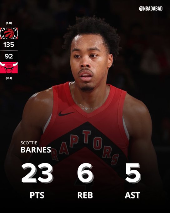 A basketball graphic shows Toronto Raptors forward Scottie Barnes in a red Raptors jersey, alongside a scoreboard indicating Toronto defeated the Bulls 135–92. The post highlights Barnes’ opener: 23 points, 6 rebounds, and 5 assists on 8/19 shooting.