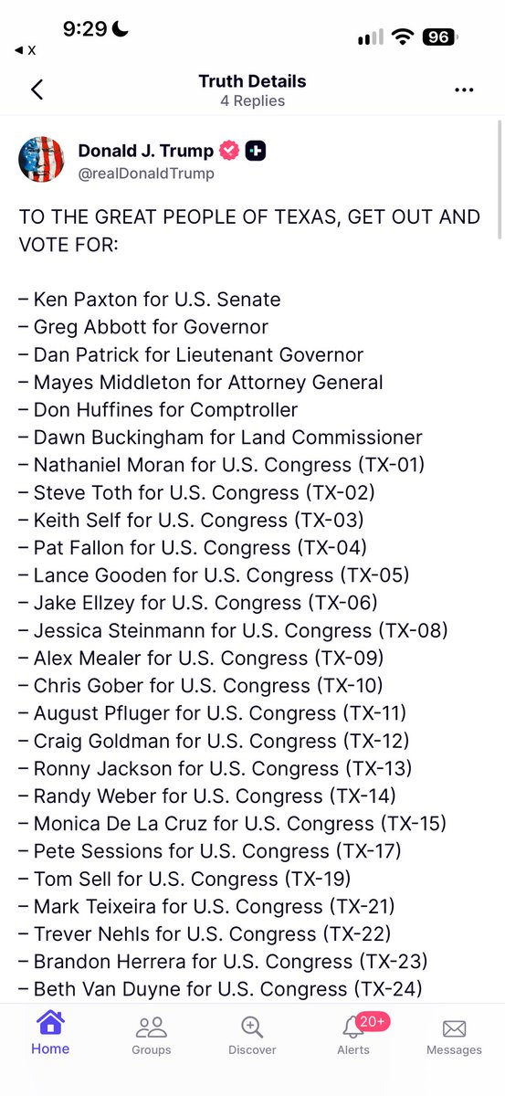 AaronTorres_'s tweet photo. On Truth Social, President @realDonaldTrump told people to vote for every Republican listed on the statewide ticket — except for RRC nominee @bofrench &amp; AG commissioner @natesheetsforTX https://t.co/doeZSYDZuX
