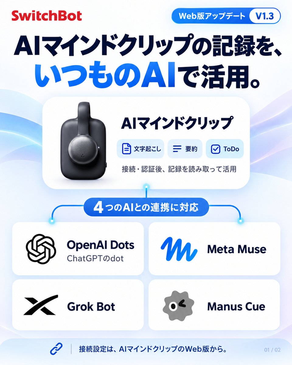 SwitchBotJapan's tweet photo. OpenAIの「Dots」など、4つのAIエージェントとの連携設定がAIマインドクリップ Web版に登場✨

例えば、24時間頼れるAIエージェント「Dots」なら、録音から生まれたToDoの定期チェックを設定して、こんな使い方も。

✅ カレンダーへの予定登録を提案
✅ 期限が近いタスクをお知らせ
✅ 会議の記録からメールの下書きを作る

聞けば答えるAIから、先回りしてくれるAIへ。
あなたなら、AIに何を任せたいですか？

製品詳細：https://t.co/rZHTNqg2pi

#ChatGPT #AIマインドクリップ #忘れる前にマインドクリップ
