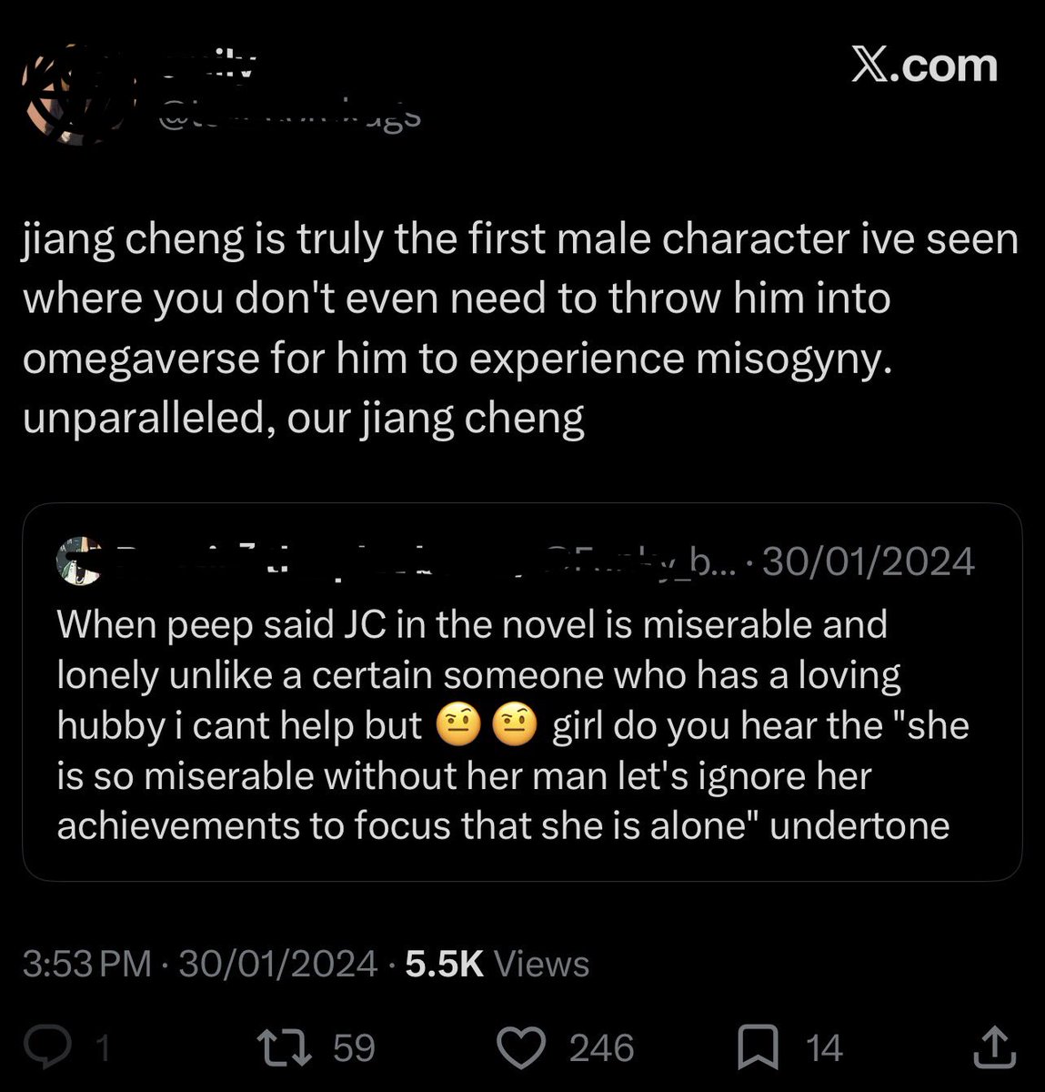 cornybutfree's tweet photo. Do y’all remember when some Jiang Ch*ng fans went wild and created that popular headcanon about him being female-coded and experiencing misogyny?😭 (he’s a canon c!shet straight man who treats women rudely and got blacklisted from dating because of it) https://t.co/APnBAp7PwN