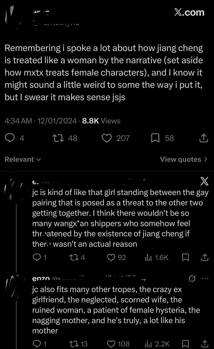cornybutfree's tweet photo. Do y’all remember when some Jiang Ch*ng fans went wild and created that popular headcanon about him being female-coded and experiencing misogyny?😭 (he’s a canon c!shet straight man who treats women rudely and got blacklisted from dating because of it) https://t.co/APnBAp7PwN