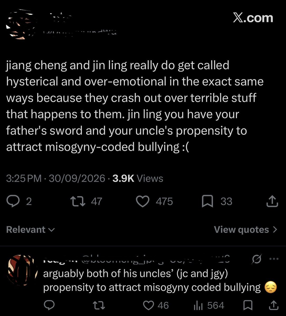 cornybutfree's tweet photo. Do y’all remember when some Jiang Ch*ng fans went wild and created that popular headcanon about him being female-coded and experiencing misogyny?😭 (he’s a canon c!shet straight man who treats women rudely and got blacklisted from dating because of it) https://t.co/APnBAp7PwN