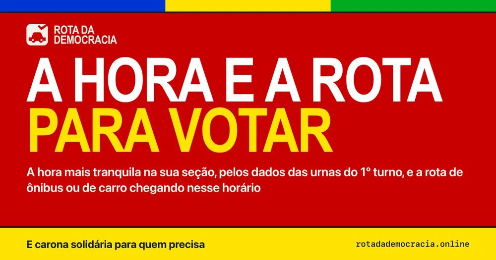 giovannibassi's tweet photo. No ar o rota da democracia:
https://t.co/a8yPss1eOE
Feito pelo https://t.co/ZYFW1Hs7Xk.

Você informa sua seção e vê a hora mais tranquila pra votar, calculada com os registros das urnas no 1º turno, e a rota de ônibus ou de carro chegando nesse horário. atualizado com as mudanças do TSE.

E tem como organizar carona solidária também.

Ajudem a divulgar!

Software livre: https://t.co/TCCQwLhE7t