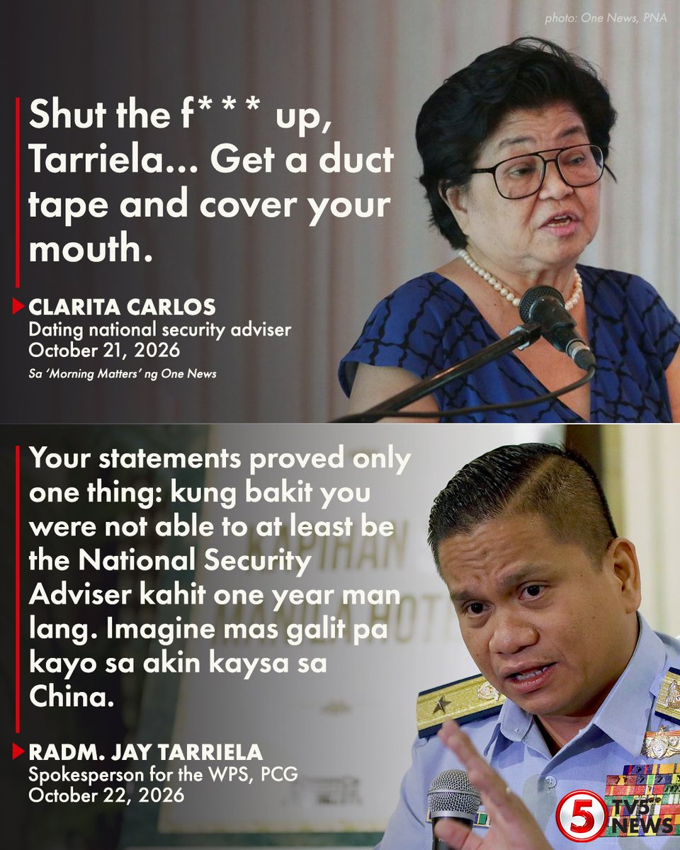 TV5NewsPH's tweet photo. 'IMAGINE MAS GALIT PA KAYO SA AKIN KAYSA SA CHINA'

Bumwelta si Philippine Coast Guard (PCG) Spokesperson for West Philippine Sea (WPS) Rear Admiral Jay Tarriela sa pahayag laban sa kaniya ni dating national security adviser Clarita Carlos.

Kaugnay ito ng pagtawag ni Tarriela sa "use of force" remark ni Chinese Ambassador Jing Quan bilang banta sa mga Pilipino.

"It’s sad that he has been identified as a spokesperson of the Philippine Coast Guard… He was always a troublemaker," naunang saad ni Carlos.

"Anyone who was part of the NTFWPS dyirng her time as NSA would definitely state that she never did anything to stand up for our rights in the WPS,"  sagot naman ni Tarriela.