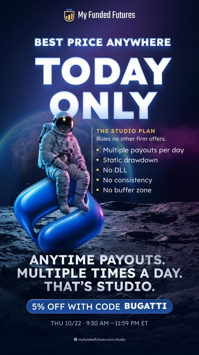 UncleBugatti's tweet photo. Thursday, October 22, from 9:30 AM to 11:59 PM ET, only code BUGATTI gets traders 5% off Studio.

https://t.co/IuzZPllHwh

 Studio:
Anytime payouts, unlimited times per day
Static drawdown
No daily loss limit
Plans starting at just $75 https://t.co/yiNlGGAtv0