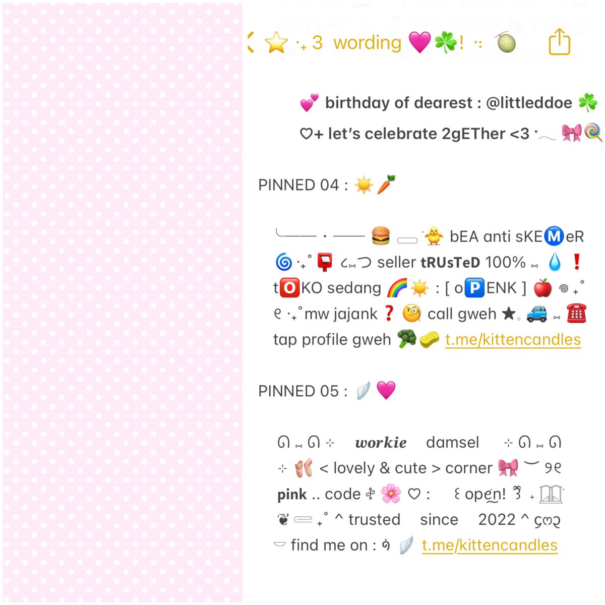 kittencandles's tweet photo. ⭑ GIVEAWAY ALERT ! 𑁯 ⊹ ☀️🥘
🥧👚 help repost dear!

hollaa 🚙💗! hari ini shadira ada [ FREE 5 PINNED KHUSUS BA ] 🎀🐰 dari kakak oLiviA chiKuwA @littleddoe @jewllifish yang sedang berulang tahun! ☘️🌷yuk ikut ramaikan #bealanja scroll down for more

end : 23 oktober 16:00 WIB https://t.co/9O6jt6JxI9