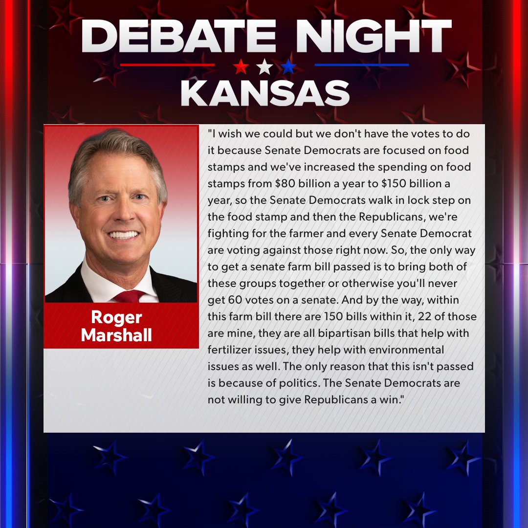 KSNNews's tweet photo. Question for both candidates: The biggest holdup for the Farm Bill now is SNAP benefits. Is it time to separate the two?
#KSSenateDebate https://t.co/eJPGWvOU0D