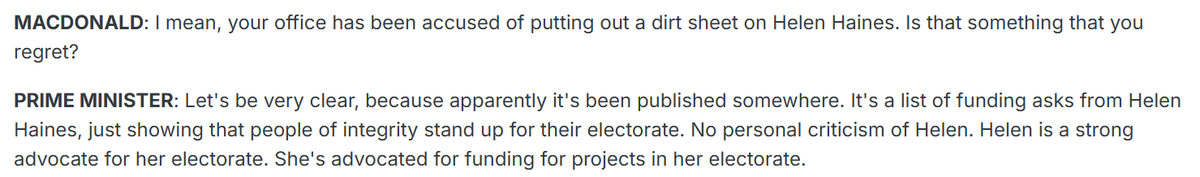 kevinbonham's tweet photo. This is either completely dishonest or completely clueless from the PM and is disgraceful.  The page doing the rounds clearly attacks Haines and implies she has double standards on porkbarrelling and may have hidden conflicts of interest. https://t.co/9koWM1bTIN