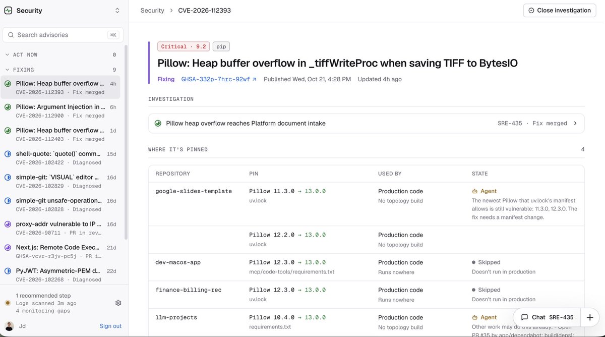 justindross's tweet photo. There were 4 CVSS-10 security incidents over the past 24 hours. One of them is the worst incident I’ve seen in my life. 

So we created an auto-SRE tool that polls for security incidents, identifies which ones we're in trouble for, and automatically fixes them. https://t.co/jze5ry3RjD