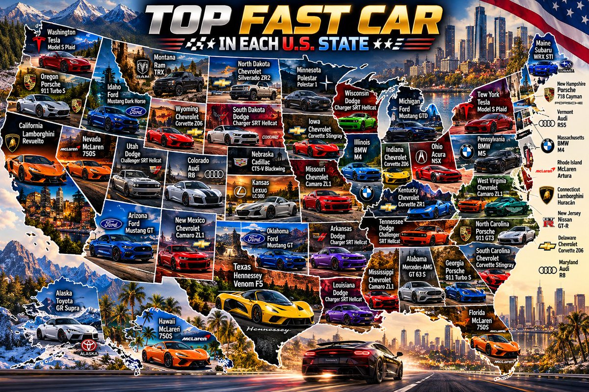 Stat_Cult's tweet photo. Top Fast Car in each American State https://t.co/840ImAI2B7