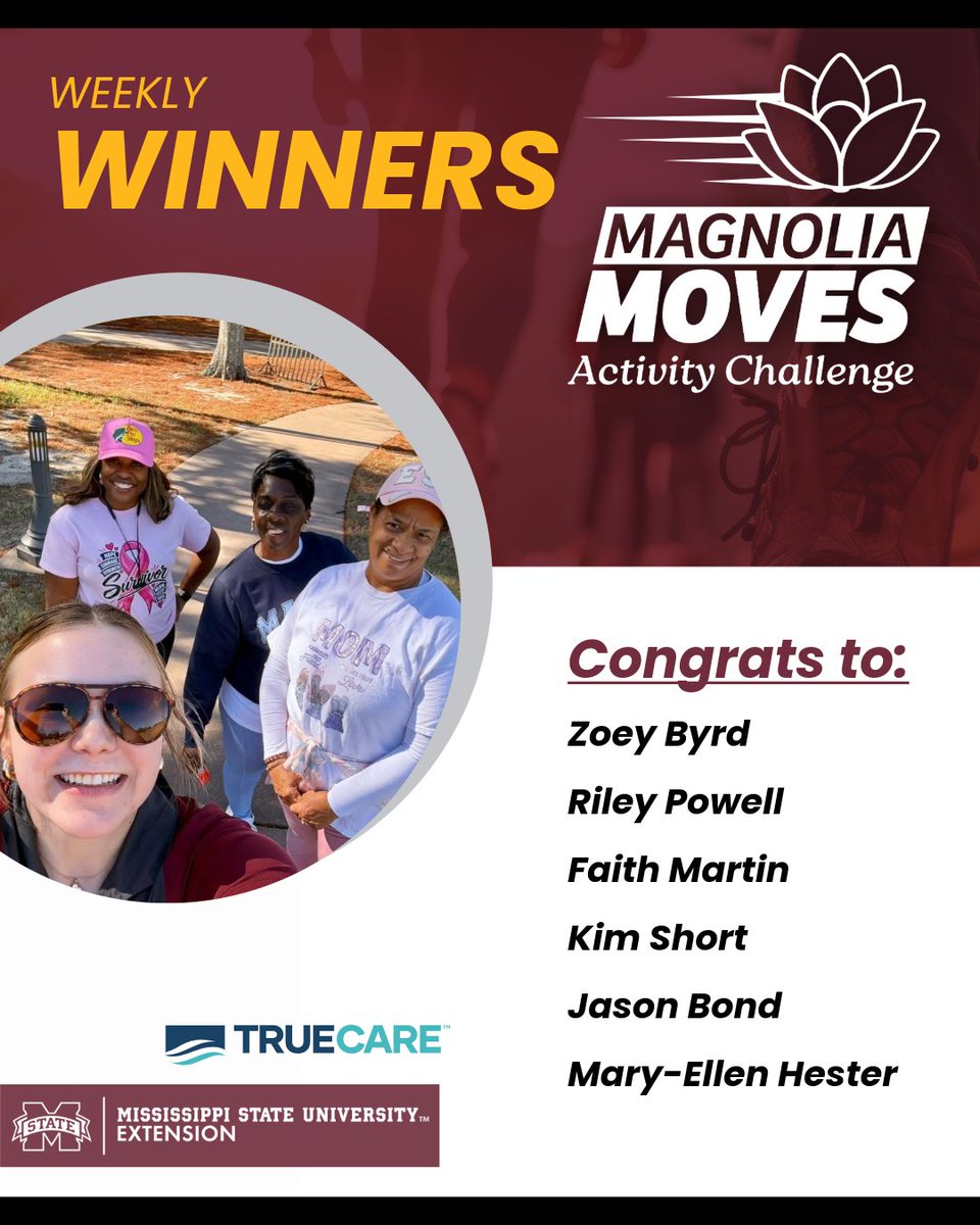 MSUExtService's tweet photo. Did we mention there are prizes each week for Magnolia Moves?😃 Congrats to the following weekly winners! We will be in touch to get your prize to you.

It's not too late to join this free, 6-week activity program. Learn more here: https://t.co/cPlIQnITMI

(Sponsored by TrueCare) https://t.co/nr22RESStg