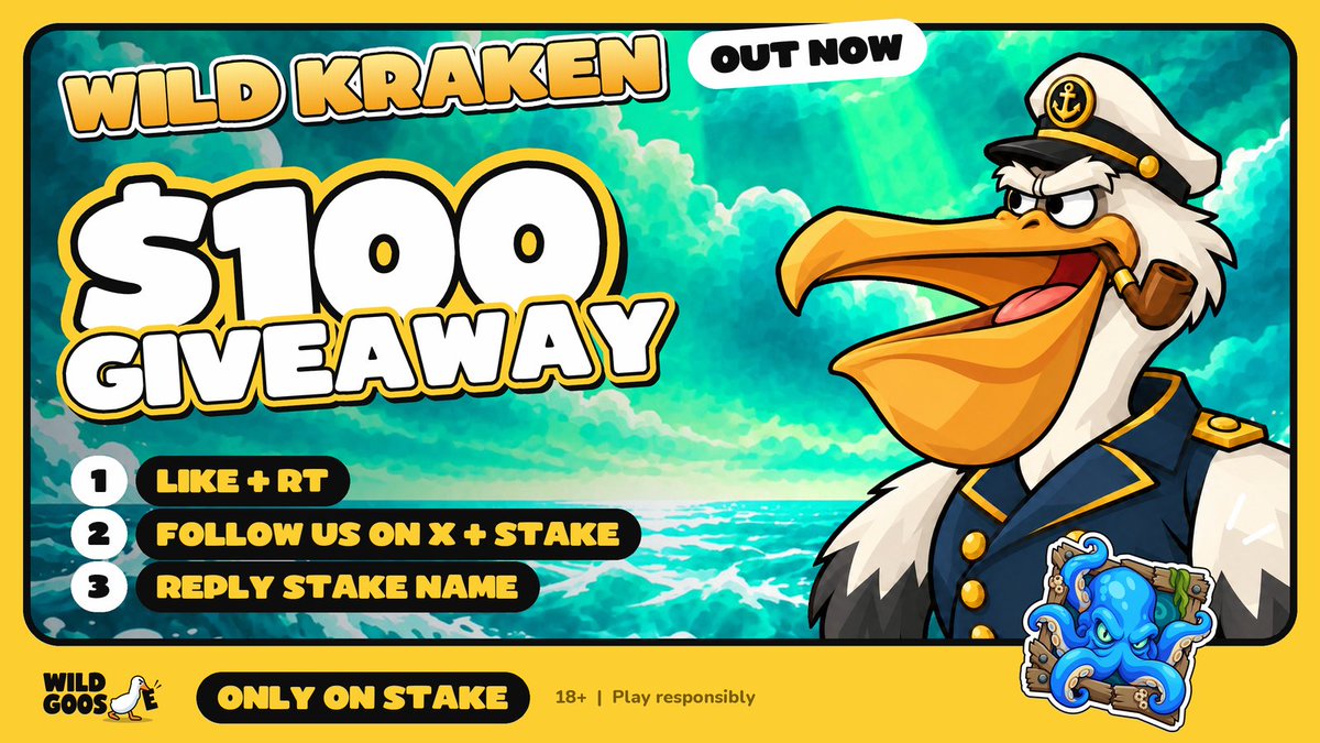 PlayWildGoose's tweet photo. 🐙 WILD KRAKEN is out now, only on @Stake!

The Kraken has surfaced, and he's brought $100 with him! 💰

🎁 5 winners x $20

To enter:
✅ Like & RT
✅ Follow @PlayWildGoose
✅ Follow Wild Goose on Stake
✅ Reply with your Stake username

👉 Link: https://t.co/ik3Yf5VLGj

🪿 Wild Goose | 18+ | @enginedotio