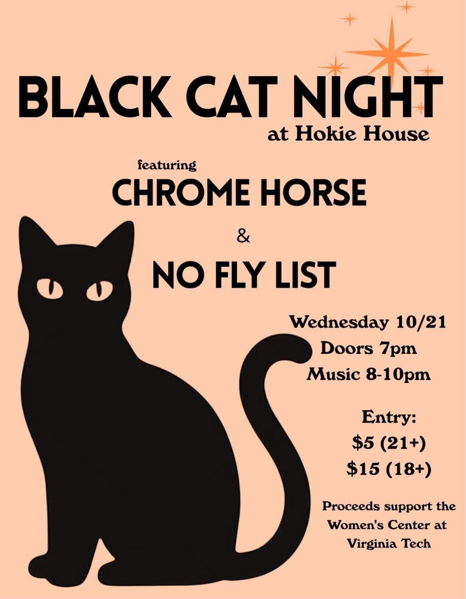Next3Days's tweet photo. Wednesday Night Music Lineup:
• Black Cat Night at Hokie House w/local bands Chrome Horse & No Fly List from 8-10pm, Doors at 7pm, $5/$15
• The Lovely Dark plays industrial, synth pop, electronica and goth, a perfect fit for Nine Inch Nails, Depeche Mode and David Bowie fans at Radford University's Artis Center's Black Box Studio Theatre, 7:30pm, Free....
https://t.co/3CPOx6077L