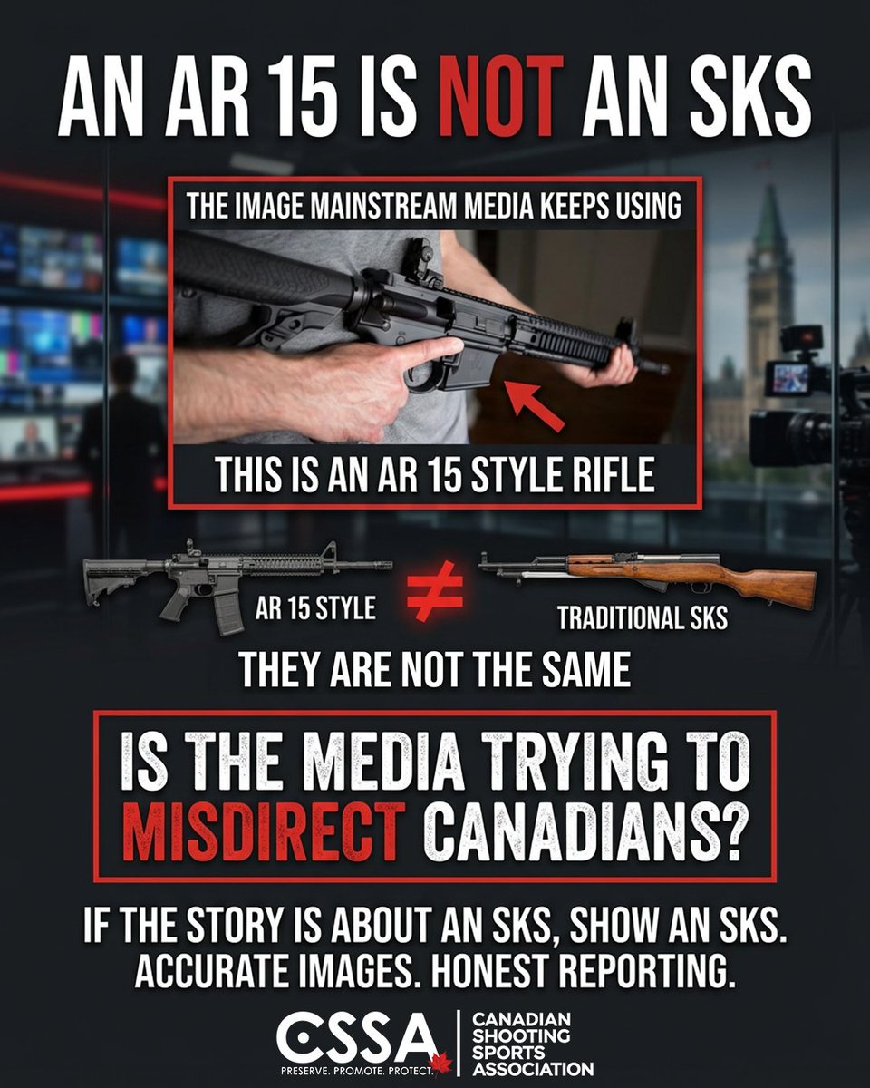 CSSA_CILA's tweet photo. An AR 15 is not an SKS.

Mainstream media outlets keep using the same dramatic AR 15 image as generic background art for Canadian firearm stories, even when the firearm being discussed is an SKS.

These firearms do not look the same and should not be presented as if they are interchangeable.

So why does the same image keep appearing?

Is the media simply choosing a dramatic stock photo, or is it trying to misdirect Canadians and shape how they react before they understand the facts?

If the story is about an SKS, show an SKS.

Canadians deserve accurate images, accurate terminology, and honest reporting.