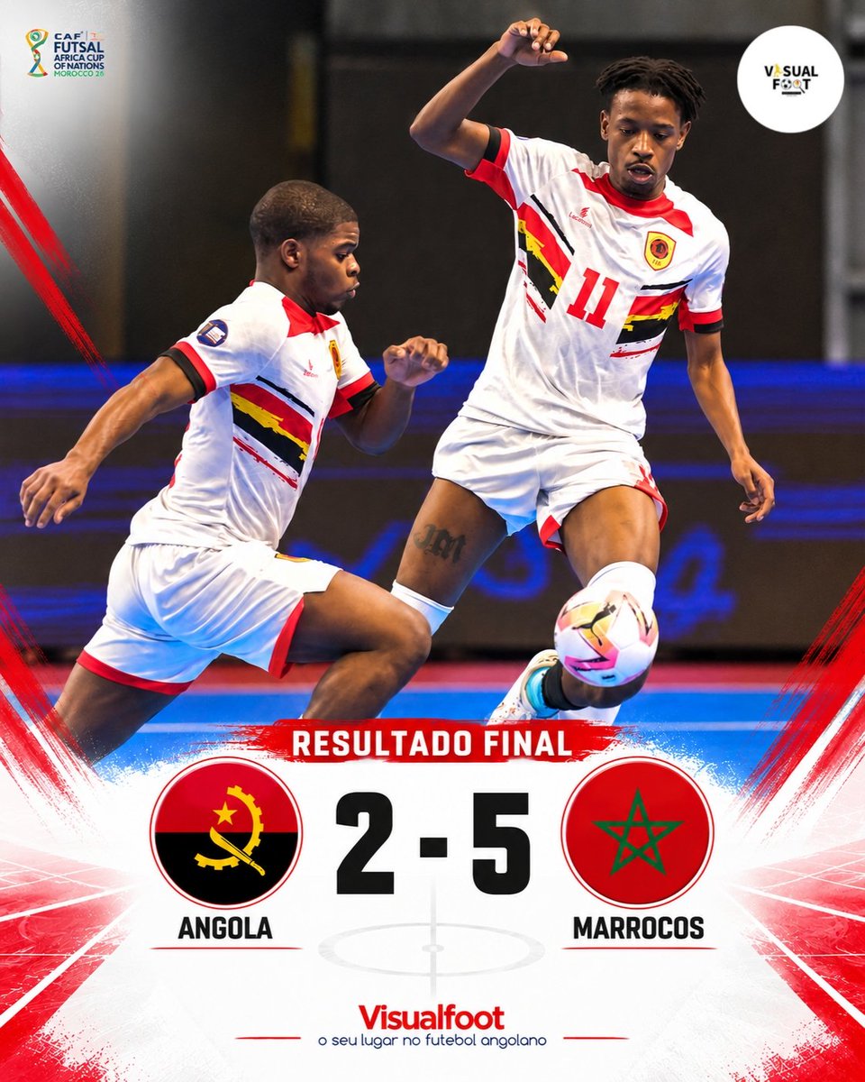 Visualfoot3's tweet photo. 🇦🇴 ANGOLA CAI DE PÉ NA FINAL!

Marrocos venceu Angola por 5-2 e conquistou o CAN de Futsal 2026.

Jó Mahrez (18’) e Fortes (37’) marcaram pelos angolanos, que lutaram até ao fim.

🥈 O sonho do título escapou, mas Angola termina como vice-campeã africana! https://t.co/gH6jv2IHVD