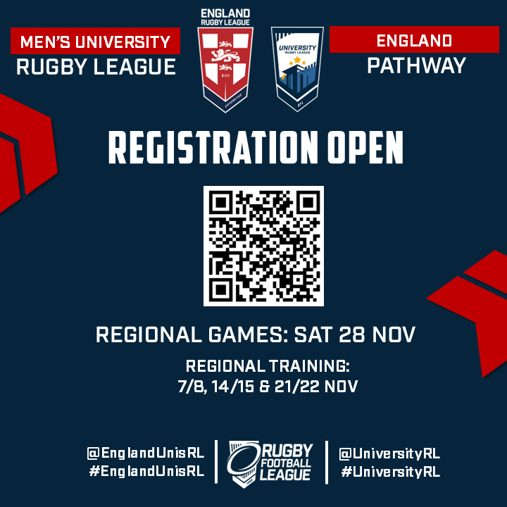 EnglandUnisRL's tweet photo. 2⃣0⃣2⃣7⃣ Pathway Registrations Open 🏴󠁧󠁢󠁥󠁮󠁧󠁿

Registration is now live for the @UniversityRL Regional Teams, the first step of the @EnglandUnisRL pathway!

Click the links below for full details!

ℹ️Info: https://t.co/QhBkXkHqbn
🖊️Register: https://t.co/2QpdvX1Fl5

#EnglandUnisRL https://t.co/EYqWtrQ00n