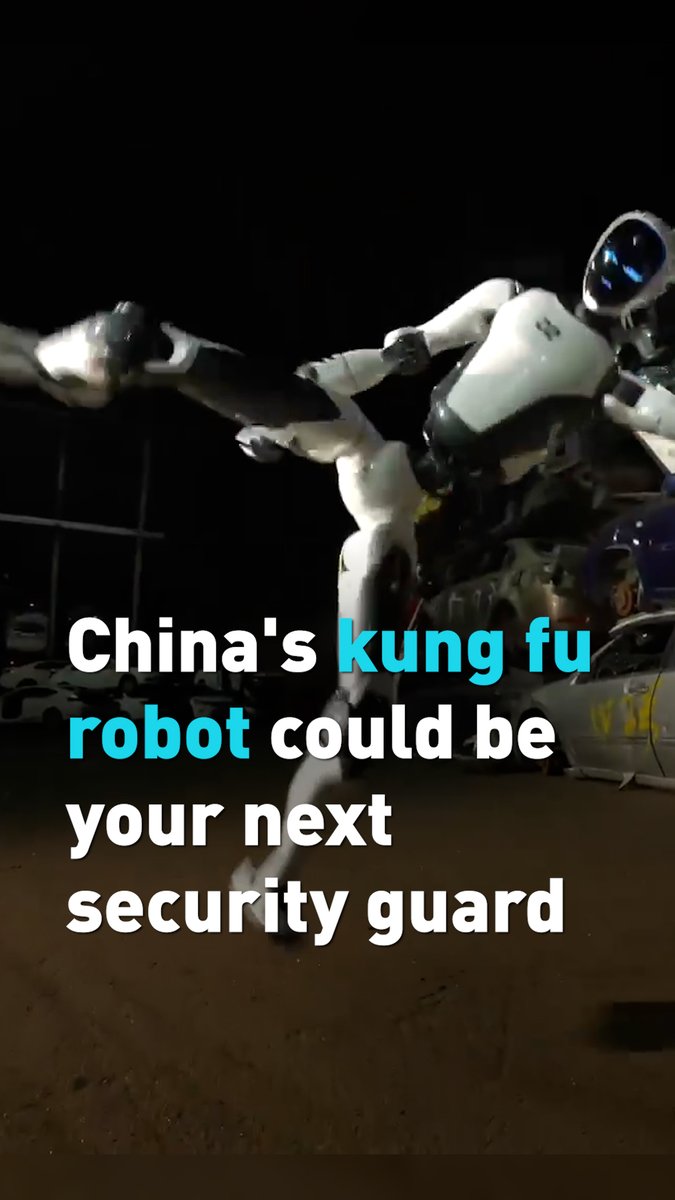 A humanoid robot appears to be delivering a flying kick outdoors at night, with overlaid text reading: “China's kung fu robot could be your next security guard.”