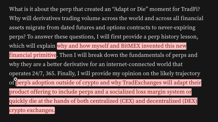 _PeterRyan's tweet photo. If you want to learn more about perps, then learn from the father of perps: BitMEX's Arthur Hayes.

He said that traders love perps because they offer more leverage and liquidity: lots of sloshing to enable 100x degen trades.

However, being a degen merchant (BitMEX) means you eventually shoulder the risk of offering 100x leverage because there is not enough actual dry powder to cover what the degen merchant is liable for. When loser losses exceed the degen merchant's capacity to payout winners, the degent merchant is at risk of going bust.

To avoid going bust, Hayes added the socialized loss system which uses funds from winners on his platform to backfill the losses. Hayes is correct, in the narrow sense, that his socialized loss system is a necessary aspect for platforms like his to persist and that other platforms must converge to it out of competitive pressure.

While he may have created a short-term solution, mostly for his own firm's survivability, in the broad sense, he also created a more systematic risk. In the long-term, he introduced more fragility. 

The honest look here is that Hayes transferred his risk of greedily/stupidly giving schmucks 100x leverage. The reason offering 100x leverage is not commonplace is because it's stupidly risky. Hayes is not a genius for noticing offering lots of leverage could result in him attracting a lot of dumb money he could skim off of. He did not innovate anything. He just got other schmucks to shoulder his risk for him without realizing he also created a new system-wide risk (or perhaps dgaf). 

Eventually, a negative market shock will come and be big enough to overwhelm the socialized loss system. Winners who bet right will not tolerate their risk being correlated to losers who bet wrong. They will start yanking liquidity out of the platform therefore making shock worse. As more shock spill overs occur, the fire sale / exchange run loop spirals. 

If perps expand into tradfi (i.e. big quantity and wide interconnectedness), what will happen is that 1.) competitive forces will race to the bottom to supply maximum leverage, 2.) socialized loss systems will become default to protect platforms in short-term, 3.) isolated platform risk will be transferred to system-wide risk creating more fragility, and 4.) a big enough shock will expose this fragility and cascade into a full-blown financial crisis because no one realized how wide the exposure was in our future crypto-tradfi interwoven market.

As Vítor Constâncio, Vice-President of the European Central Bank, said, "In pursuit of excess returns, market participants engage in excessive leverage without internalizing systemic costs of their risk-taking behaviour. These comprise spillovers to counterparties and financial networks or asset price declines triggered by fire sales. A large and growing literature supports the conclusion that these systemic externalities of excessive leverage call for macroprudential policies that restrict the use of leverage pre-emptively, as a way to improve general welfare."

The cryptoids that have taken over the Trump admin will not provide such sufficient policies. Which means we are sprinting towards our global financial market turning into one big BitMEX that is leverage-maxxing until it starts rekt-maxxing as many related parties as possible.

I don't see what productive purpose perps and the associated crypto-like "innovations" offer other than creating neo-casinos that if anything extract money that could have otherwise gone into the real economy and create more risks that eventually harm the real economy down the road. Speculating != investing. 

https://t.co/1wbVtC0ZfC