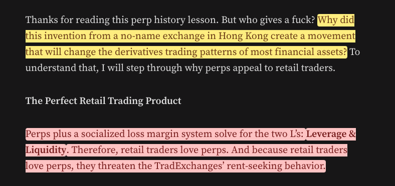 _PeterRyan's tweet photo. If you want to learn more about perps, then learn from the father of perps: BitMEX's Arthur Hayes.

He said that traders love perps because they offer more leverage and liquidity: lots of sloshing to enable 100x degen trades.

However, being a degen merchant (BitMEX) means you eventually shoulder the risk of offering 100x leverage because there is not enough actual dry powder to cover what the degen merchant is liable for. When loser losses exceed the degen merchant's capacity to payout winners, the degent merchant is at risk of going bust.

To avoid going bust, Hayes added the socialized loss system which uses funds from winners on his platform to backfill the losses. Hayes is correct, in the narrow sense, that his socialized loss system is a necessary aspect for platforms like his to persist and that other platforms must converge to it out of competitive pressure.

While he may have created a short-term solution, mostly for his own firm's survivability, in the broad sense, he also created a more systematic risk. In the long-term, he introduced more fragility. 

The honest look here is that Hayes transferred his risk of greedily/stupidly giving schmucks 100x leverage. The reason offering 100x leverage is not commonplace is because it's stupidly risky. Hayes is not a genius for noticing offering lots of leverage could result in him attracting a lot of dumb money he could skim off of. He did not innovate anything. He just got other schmucks to shoulder his risk for him without realizing he also created a new system-wide risk (or perhaps dgaf). 

Eventually, a negative market shock will come and be big enough to overwhelm the socialized loss system. Winners who bet right will not tolerate their risk being correlated to losers who bet wrong. They will start yanking liquidity out of the platform therefore making shock worse. As more shock spill overs occur, the fire sale / exchange run loop spirals. 

If perps expand into tradfi (i.e. big quantity and wide interconnectedness), what will happen is that 1.) competitive forces will race to the bottom to supply maximum leverage, 2.) socialized loss systems will become default to protect platforms in short-term, 3.) isolated platform risk will be transferred to system-wide risk creating more fragility, and 4.) a big enough shock will expose this fragility and cascade into a full-blown financial crisis because no one realized how wide the exposure was in our future crypto-tradfi interwoven market.

As Vítor Constâncio, Vice-President of the European Central Bank, said, "In pursuit of excess returns, market participants engage in excessive leverage without internalizing systemic costs of their risk-taking behaviour. These comprise spillovers to counterparties and financial networks or asset price declines triggered by fire sales. A large and growing literature supports the conclusion that these systemic externalities of excessive leverage call for macroprudential policies that restrict the use of leverage pre-emptively, as a way to improve general welfare."

The cryptoids that have taken over the Trump admin will not provide such sufficient policies. Which means we are sprinting towards our global financial market turning into one big BitMEX that is leverage-maxxing until it starts rekt-maxxing as many related parties as possible.

I don't see what productive purpose perps and the associated crypto-like "innovations" offer other than creating neo-casinos that if anything extract money that could have otherwise gone into the real economy and create more risks that eventually harm the real economy down the road. Speculating != investing. 

https://t.co/1wbVtC0ZfC