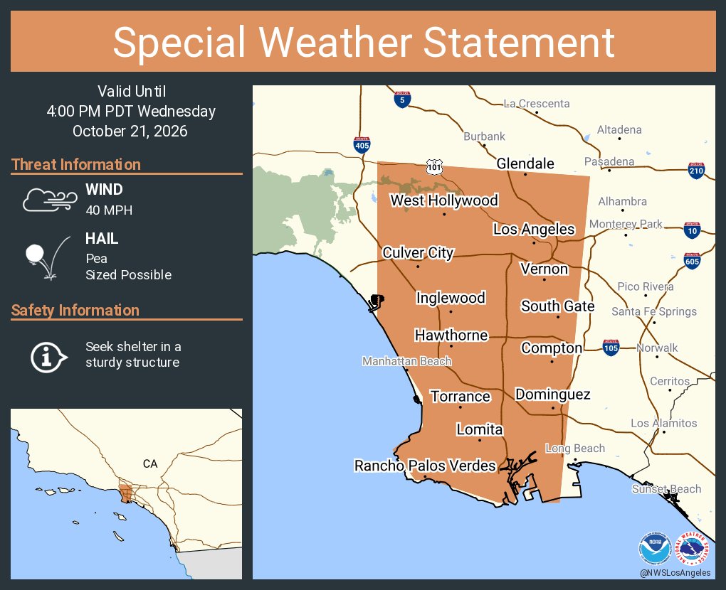NWSLosAngeles's tweet photo. A special weather statement has been issued for Los Angeles CA, Glendale CA and  Torrance CA until 4:00 PM PDT https://t.co/7QZ8dO4l5c