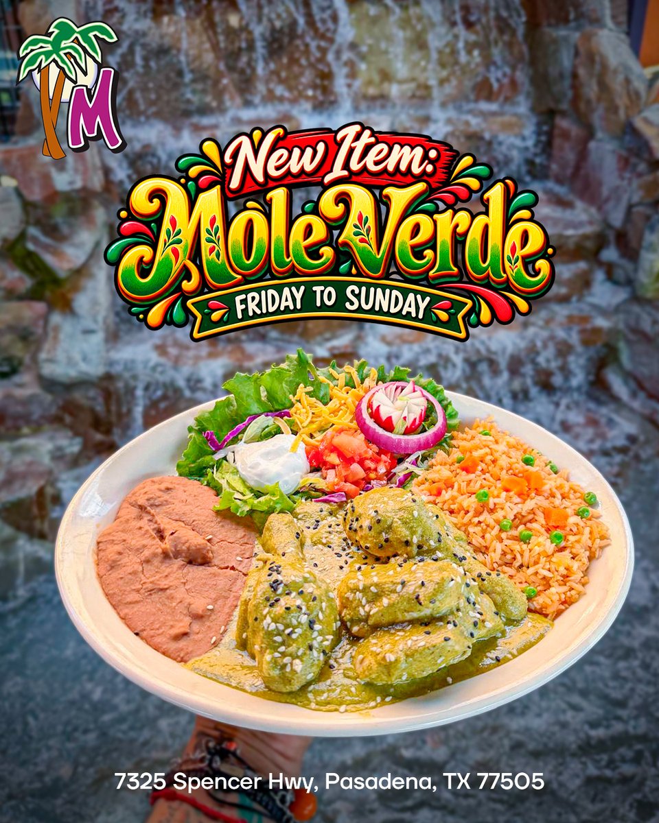 MamaritasR's tweet photo. 🌮✨ NEW at Mamarita’s! Say hello to Mole Verde! 💚 A delicious new flavor waiting for you every Friday through Sunday. Come give it a try! 😋
📍 7325 Spencer Hwy, Pasadena, TX 77505
📞 281-476-9545.
#Mamaritas #MoleVerde #NewItem #PasadenaTX https://t.co/Jda0UoPNqM