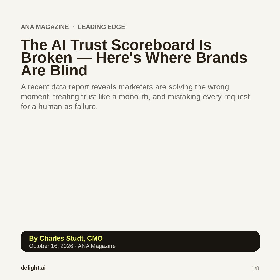 GetDelightAI's tweet photo. Brands grade AI customer service on speed &amp; containment. Consumers rank that dead last in what builds trust.

CharlesStudt (CMO, https://t.co/okfvCEWCbe) on the AI trust scoreboard, and where brands are blind: https://t.co/JJdt2ziA86