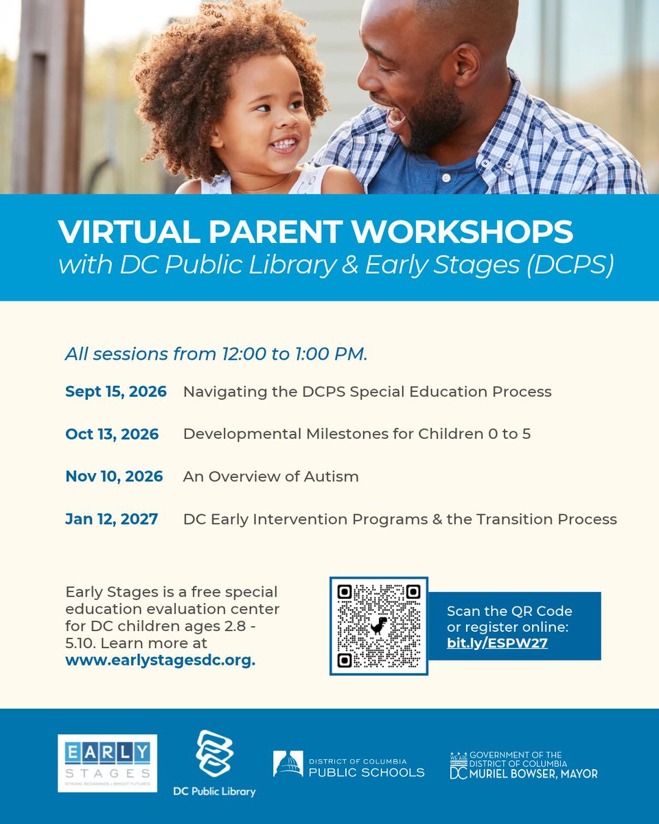 dcpl's tweet photo. Parents and caregivers: Get a better understanding of autism, developmental milestones, potential signs, and ways to support children. Join DC Public Library and DCPS Early Stages for a free virtual workshop on Nov. 10, 12–1 PM. 

ℹ️ Register today: https://t.co/vlNMrchJni https://t.co/VOq3kmEUQ1