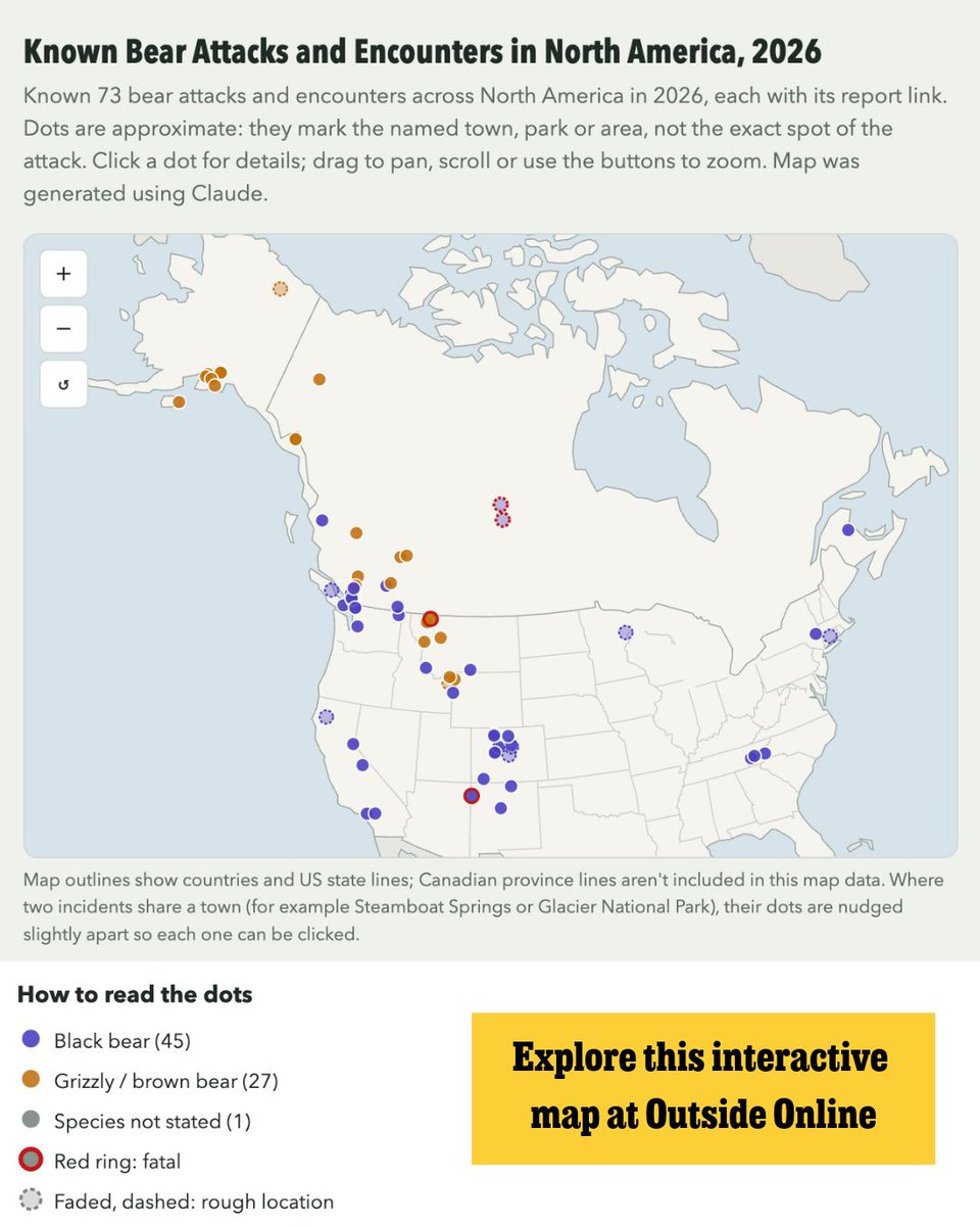 outsidemagazine's tweet photo. Environmental pressures and booming recreation are pushing bears into closer contact with humans. Government agencies don’t track bear attacks and encounters across the United States, so one Texas outdoorsman, 71-year-old Mike Dickerson, compiled his own comprehensive log.

From there, Outside made an interactive map.

Click the link to read the full story and explore this interactive map.

https://t.co/VxVvQ2KfDe