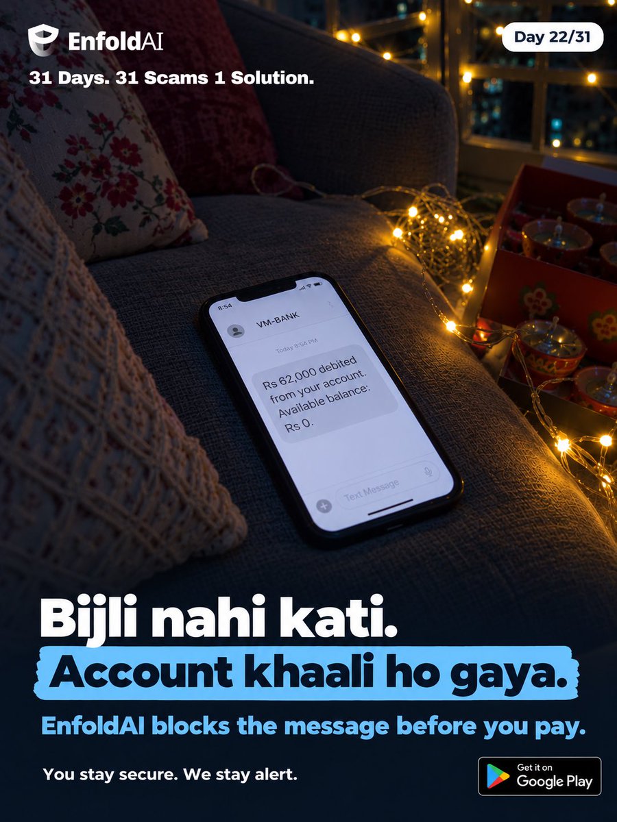 EnfoldAI's tweet photo. "Your electricity will be cut at 9:30 PM tonight. Contact the Electricity Officer."

The "officer" sends BillUpdate.apk.

The power stayed on. Rs 62,000 left the account.

Electricity boards never send apps on chat.

#31days31scams #electricityscam #enfoldai https://t.co/MN4at3Fqhk