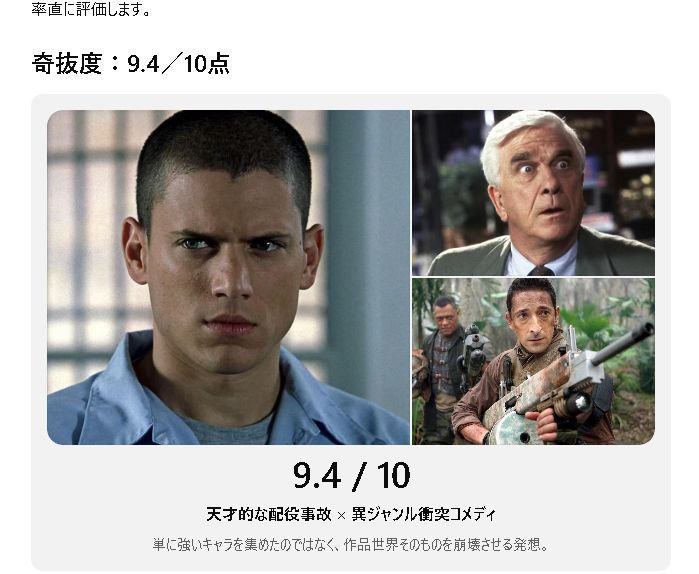 xxm1342's tweet photo. 彼が立てた緻密な計画は完璧。だけど世界がそれを実行させない。

GPTに奇抜度を測ってもらったらこーなりました！

そうですね。プリズンブレイクのマイケルスコフィールドが主人公。しかし他のメンツが壊滅的に計画を潰そうとしてくる。ランボー、アントン・シガー、ステイサム各種、ダニー・トレホ https://t.co/1MjqJM7Gat