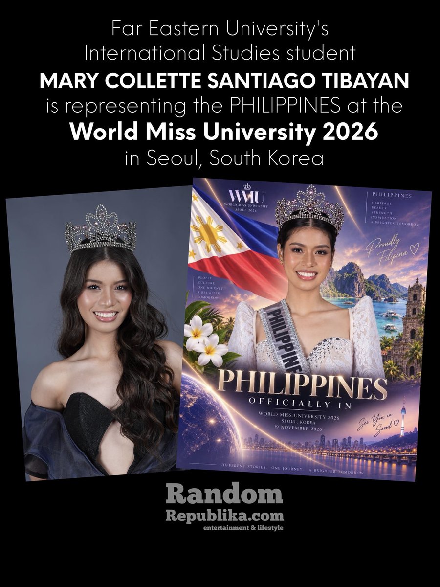 RandomRepublika's tweet photo. [SWIPE] LOOK: Mary Collette Santiago Tibayan, 19 years old and an International Studies student at Far Eastern University (FEU), is the Philippines' official candidate to the World Miss University 2026 @worldmissuniversityofficial pageant.🇵🇭✨She is headed to Seoul, South Korea soon to compete for the crown. 

World Miss University is an international beauty contest held annually in Seoul, Korea since 1986. Historically, the pageant has an average of about 70 contestants every year.

We're behind you, @mrysant_ 👏🏻❤️✨

#ColletteTibayan #WorldMissUniversity2026 #WorldMissUniversityPH #WMUPH2026 #WorldMissUniversity