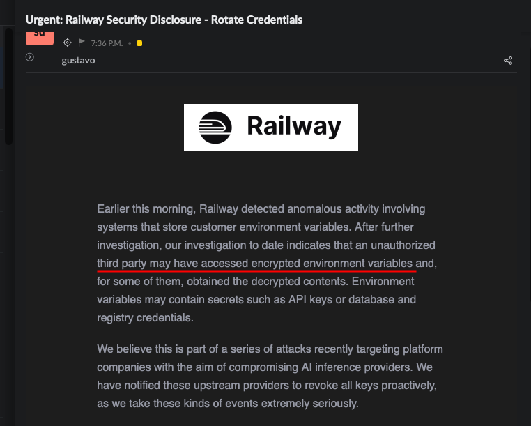 itxtoledo's tweet photo. Se voce tem backend na railway um hacker teve acesso a todas variáveis de ambientes salvas no site, voce precisa resetar tudo e criar chaves novas urgente!

Algumas estavam encriptadas, outras eles podem ter acessado o conteúdo, mas nao arrisque https://t.co/E1fJ0VkH7v