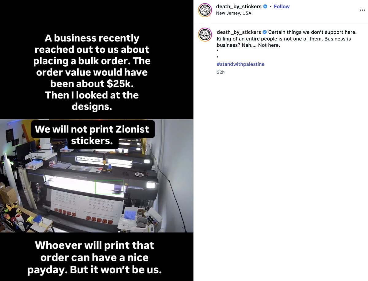 StopAntisemites's tweet photo. We're not sure what "Zionist stickers" are but we're pretty sure New Jersey has laws preventing discrimination against Jews.

Death By Stickers is owned by James Pieri and if you're the customer he refused, please DM us.

We'll be happy to set you up with legal! https://t.co/X5kuhkpTdk