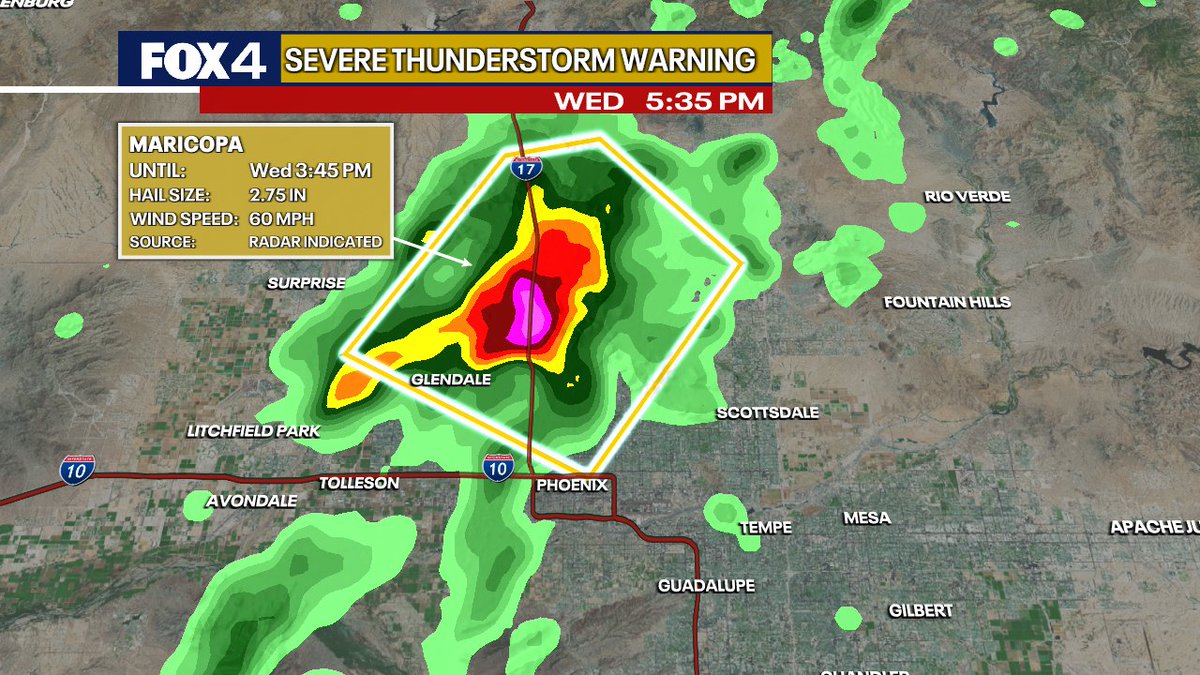 JoshJohnsWx's tweet photo. (5:38pm CT/ 3:38pm MST) NOT DFW: Nasty severe storm moving through the North side of the Phoenix Metro capable of up to baseball size hail and 60mph winds! If you know anyone in the area, check in on them! #AZwx #Phoenix https://t.co/MimHVtcBZS